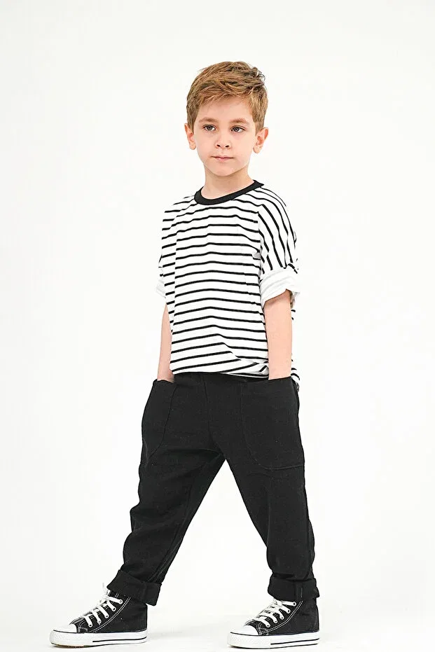 Детский комплект рубашек и футболок для мальчиков Pack of 2 black muslin back buttoned shirt + black and white striped combed cotton t-shirt Catz Kids, Black & White — фото 3