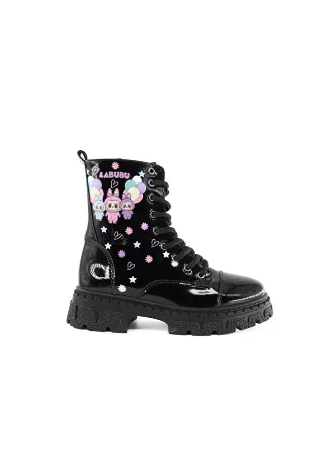Детские ботинки для девочек на шнуровке K106 labubu black Bücür Ortopedi, Black