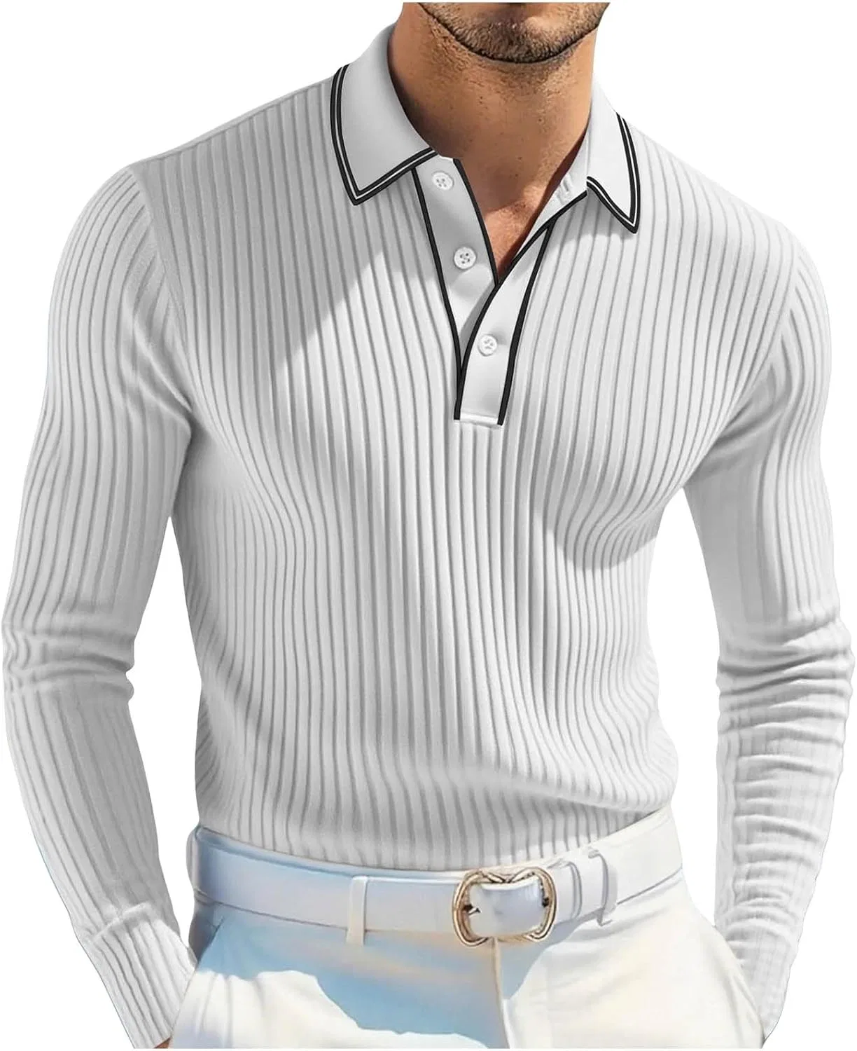 Мужская легкая футболка с отложным воротником Quarter Button Casual, White