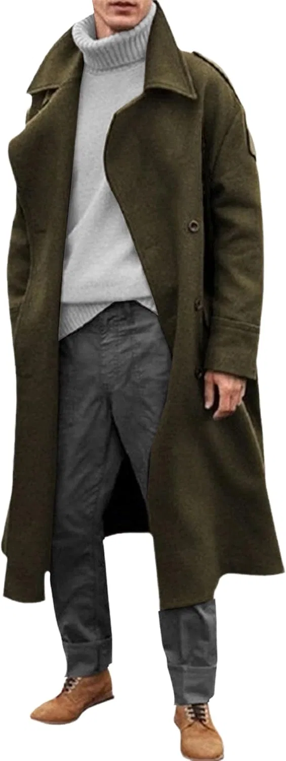 Мужское длинное пальто-тренч с классическим отложным воротником, Oversized, армейский зелёный