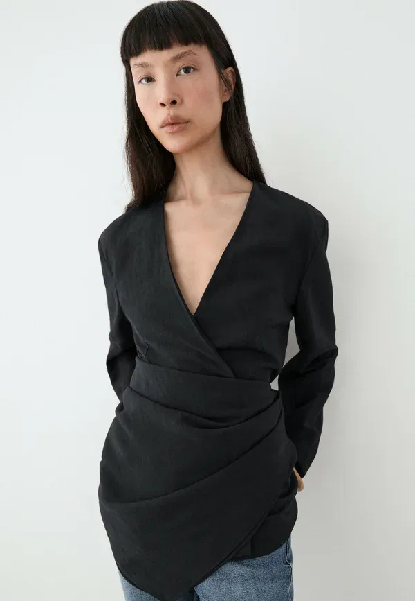 Жакет из вискозы и льна Lightweight kimono with sash detail, Massimo Dutti, темно-синий