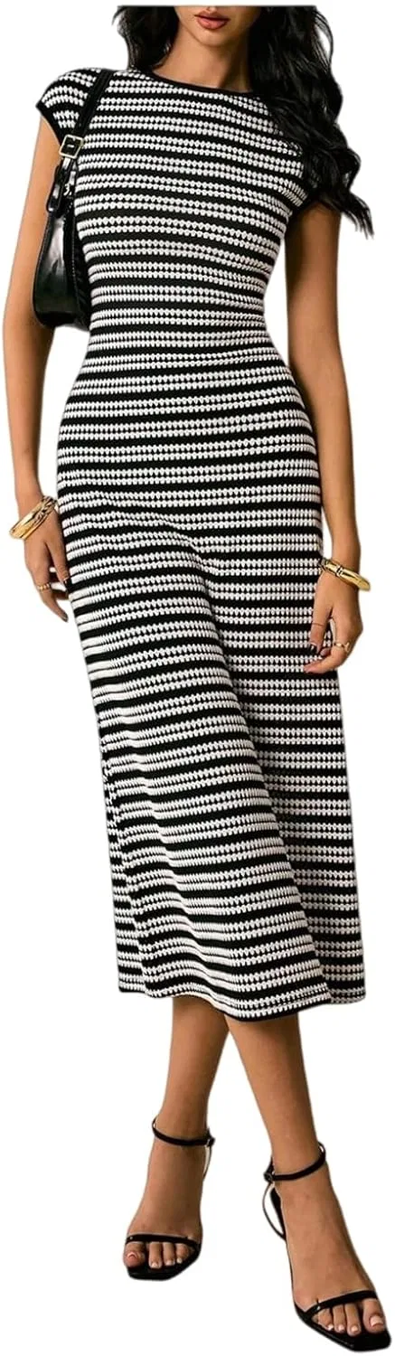 Женское облегающее миди-платье с полосками и рукавом-фонарик Black