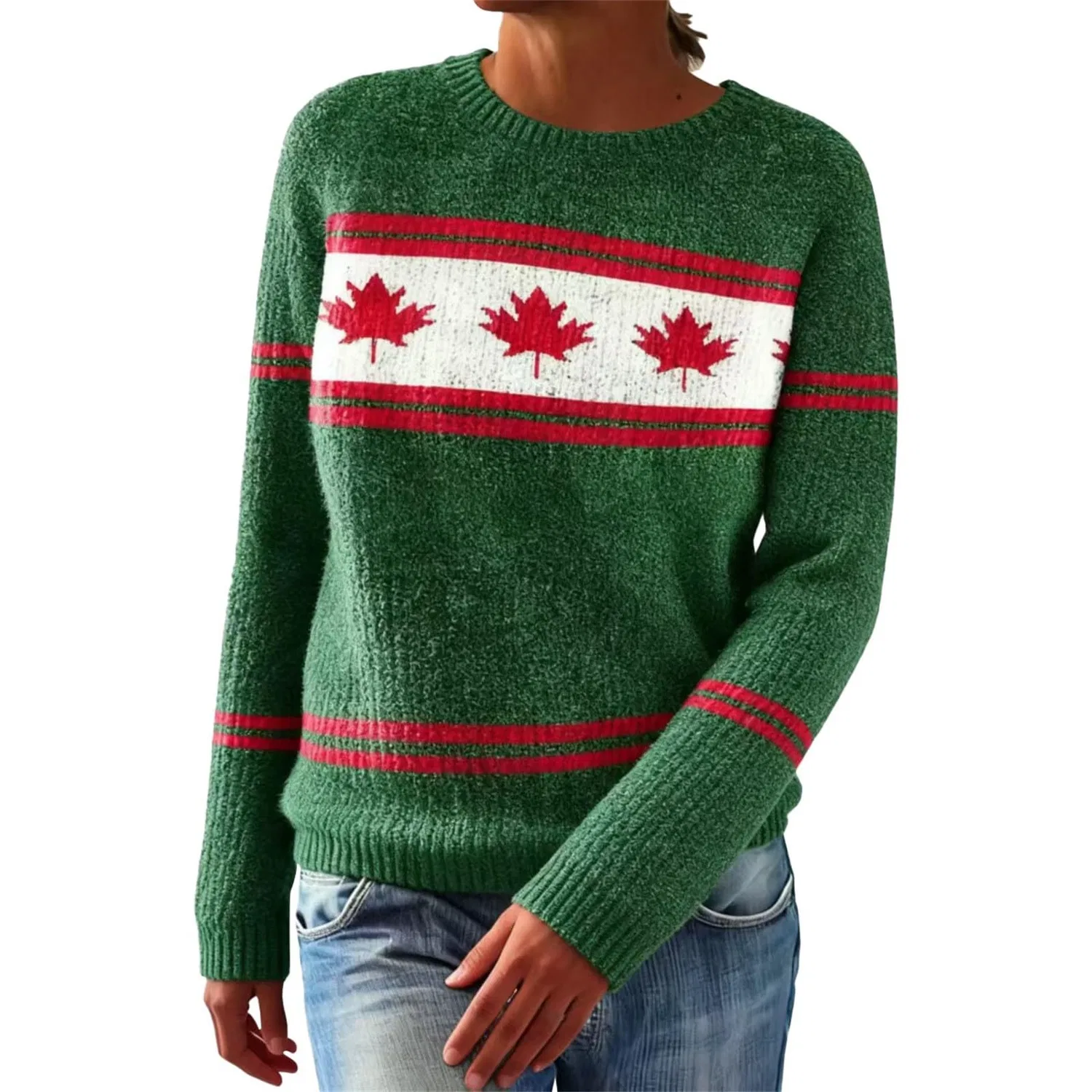 Женский свитер оверсайз с принтом Maple Leaf Print, Dark Green
