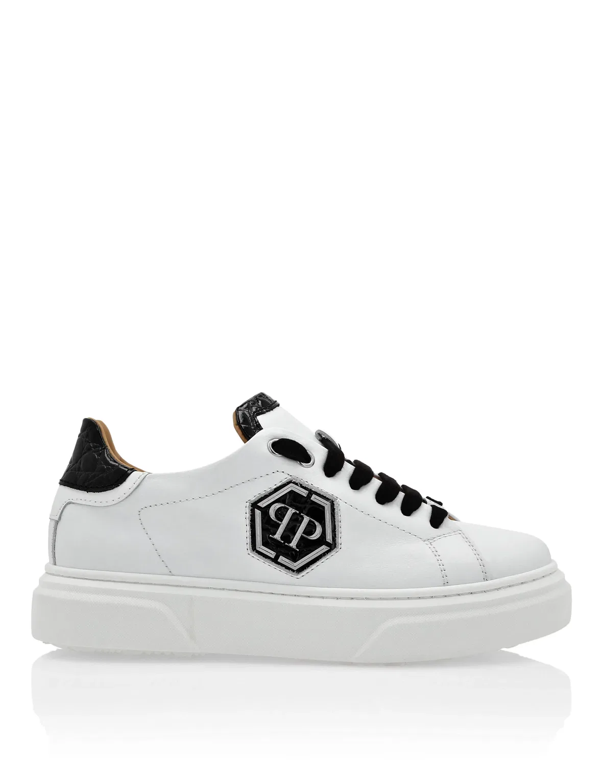 Детские кроссовки низкие из кожи с фирменным брендингом Hexagon Philipp Plein, White/Black — фото 2
