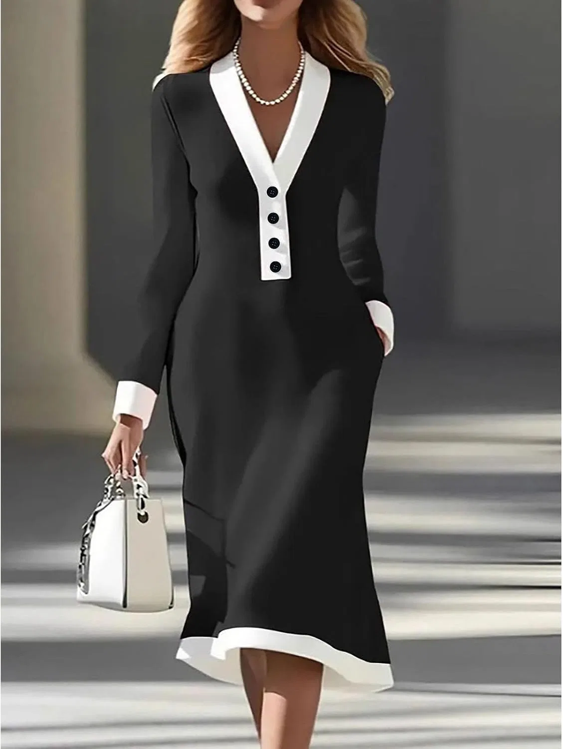 Женское худи-платье макси с белой отделкой Loose Minimalist, Black — фото 2
