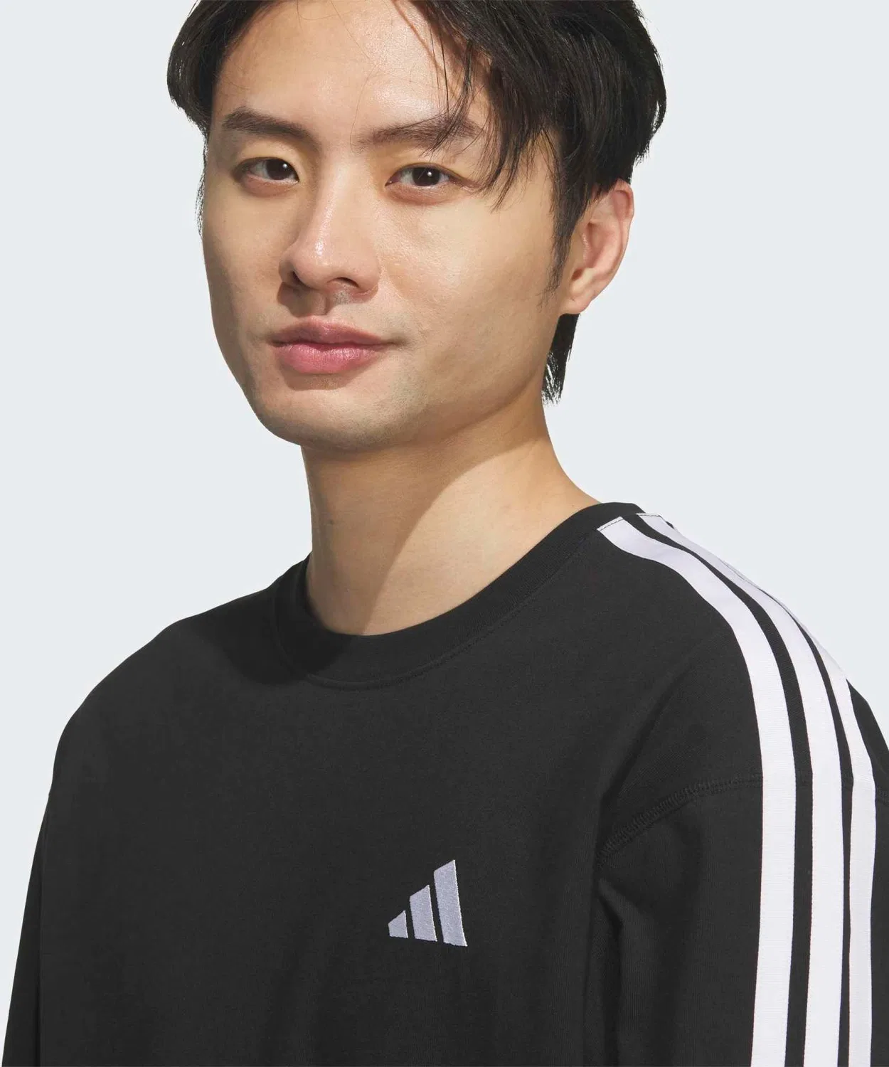 Мужская футболка с длинным рукавом свободного кроя, с тремя полосками Adidas, Черный — фото 4