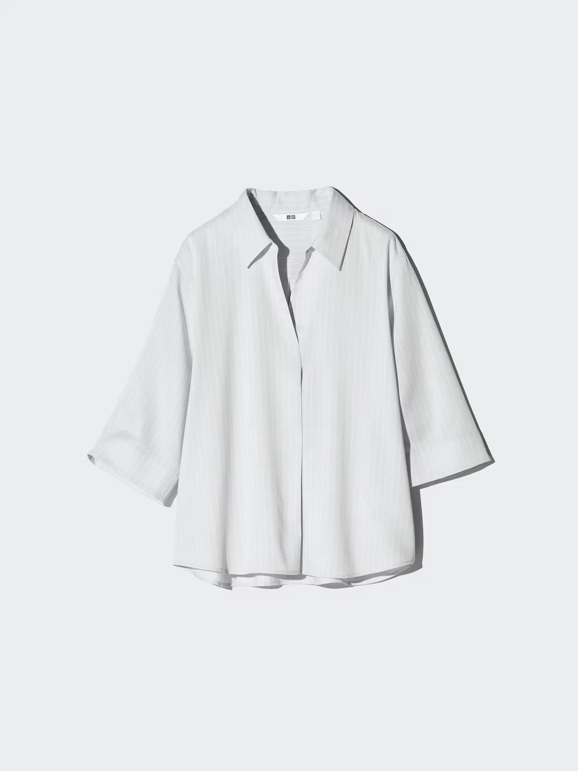 Блузка Uniqlo, со стойким воротником и рукавом ¾, в полоску, светло-серая — фото 4
