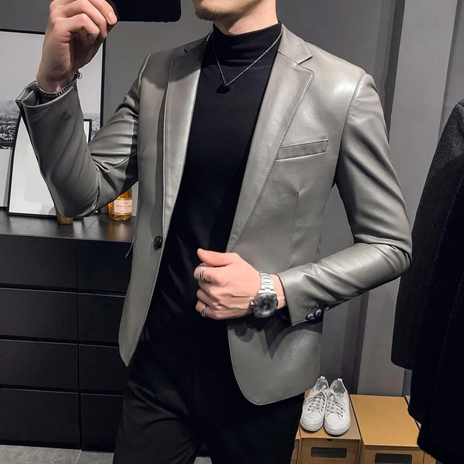 Мужское кожаное пальто с лацканами, однобортное, slim fit, серый — фото 2