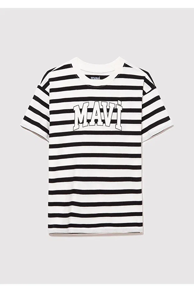 Детская футболка с принтом Logo Printed Black Striped Regular Fit Mavi, White 84041 — фото 2