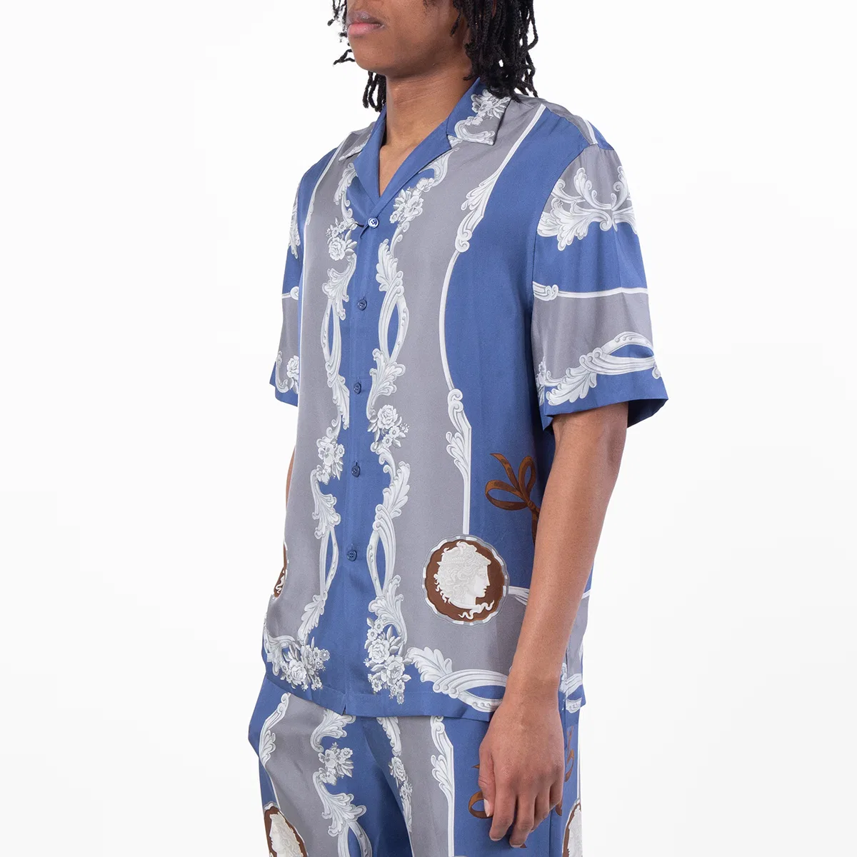 Рубашка с принтом Medusa Cameo из шелка Versace, Stone Blue/Met Dark Grey — фото 2