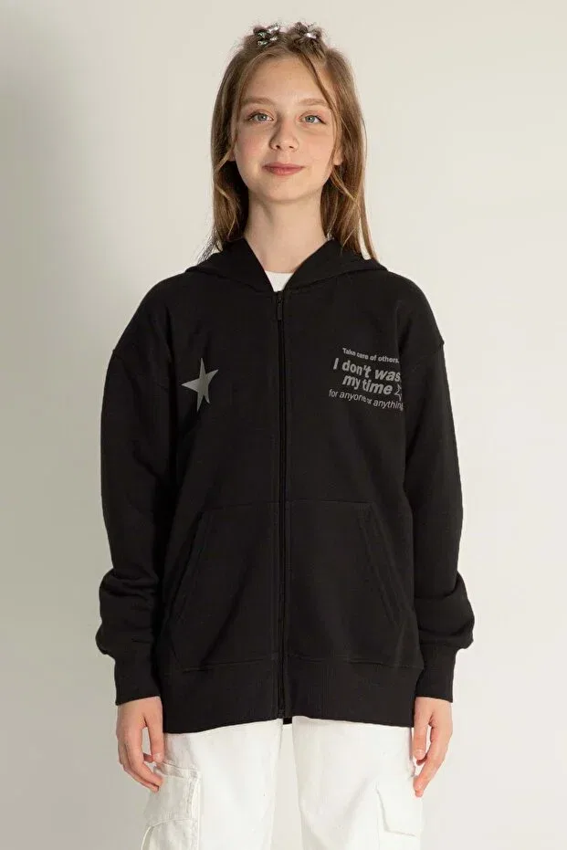 Детское платье-кардиган для девочек с принтом Star Printed Hooded Zipper Closure Girl's Cardigan Wakawakakidsstore, Черный