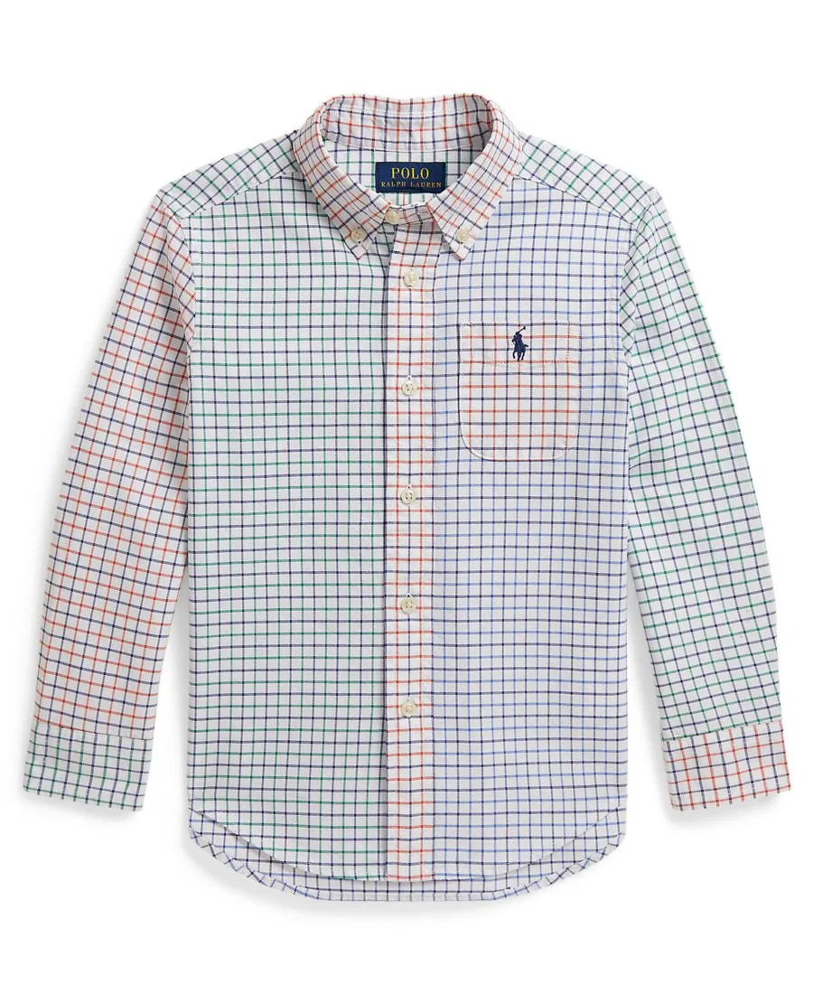 Детская рубашка-оксфорд из хлопка с принтом Tattersall Polo Ralph Lauren, 7325 Tattersall Funshirt