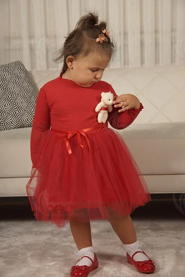 Детское платье для девочек с длинным рукавом Toy Teddy Bear Print Neocotton, Red — фото 2