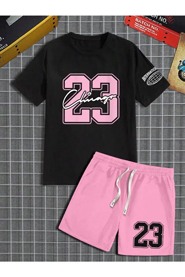 Детский комплект шорт и футболки с принтом Unisex women/men 23chicago custom printed shorts t-shirt set Revasser, Black-Pink — фото 2