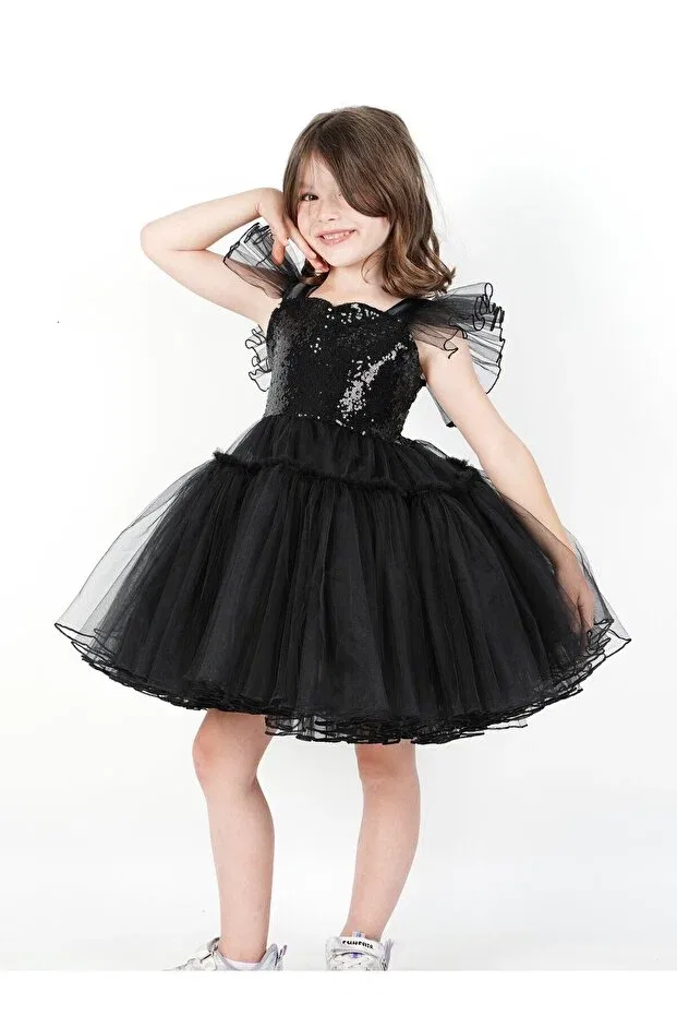 Детское платье для девочек с пайетками Boztaş Bebe, Black — фото 4