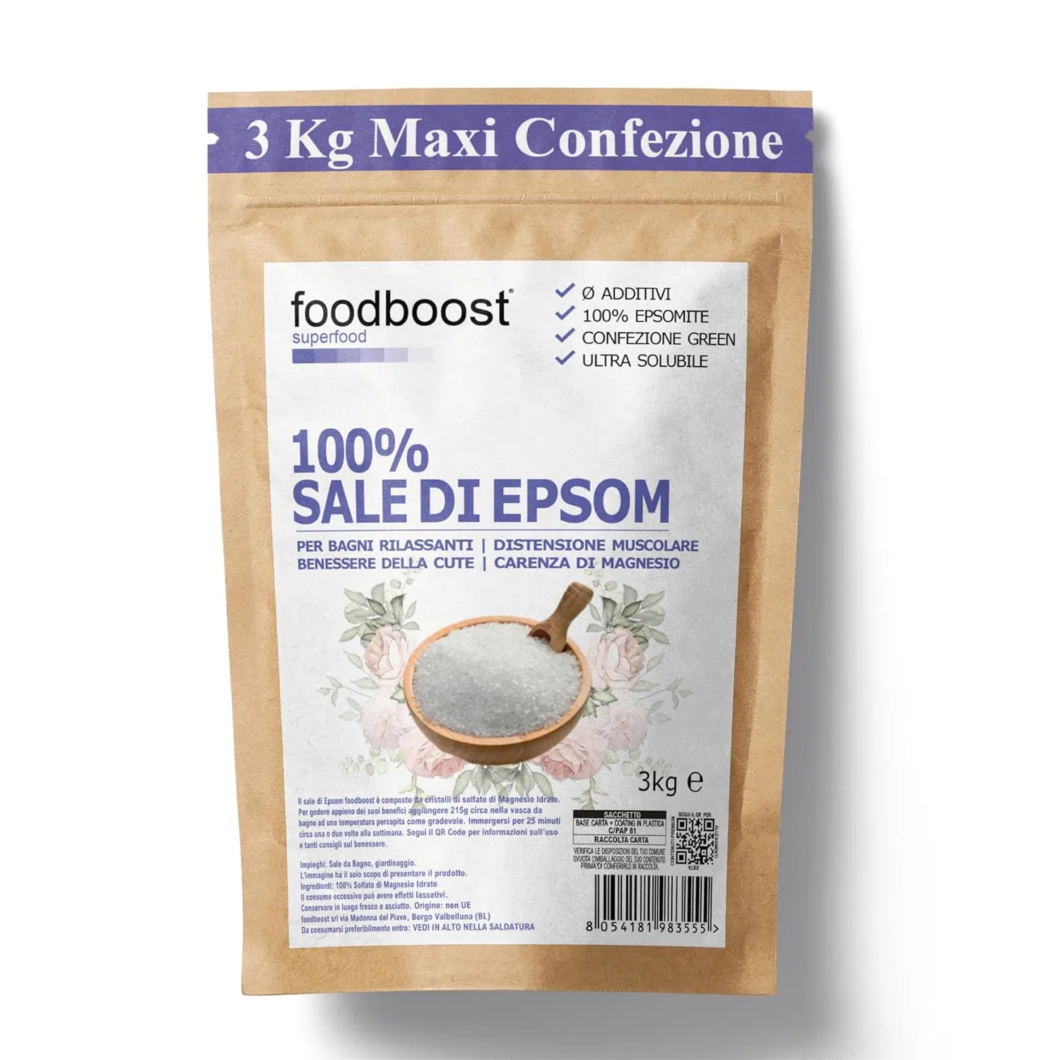 Соль для ванн Epsom, 3 кг, Foodboost, белый