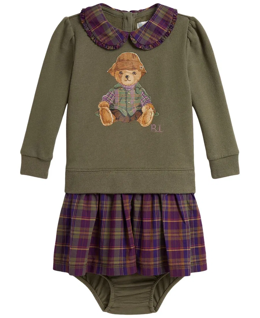 Платье-свитшот Polo Bear с юбкой и шортами-подгузником, 2 предмета Polo Ralph Lauren, Cruise Olive