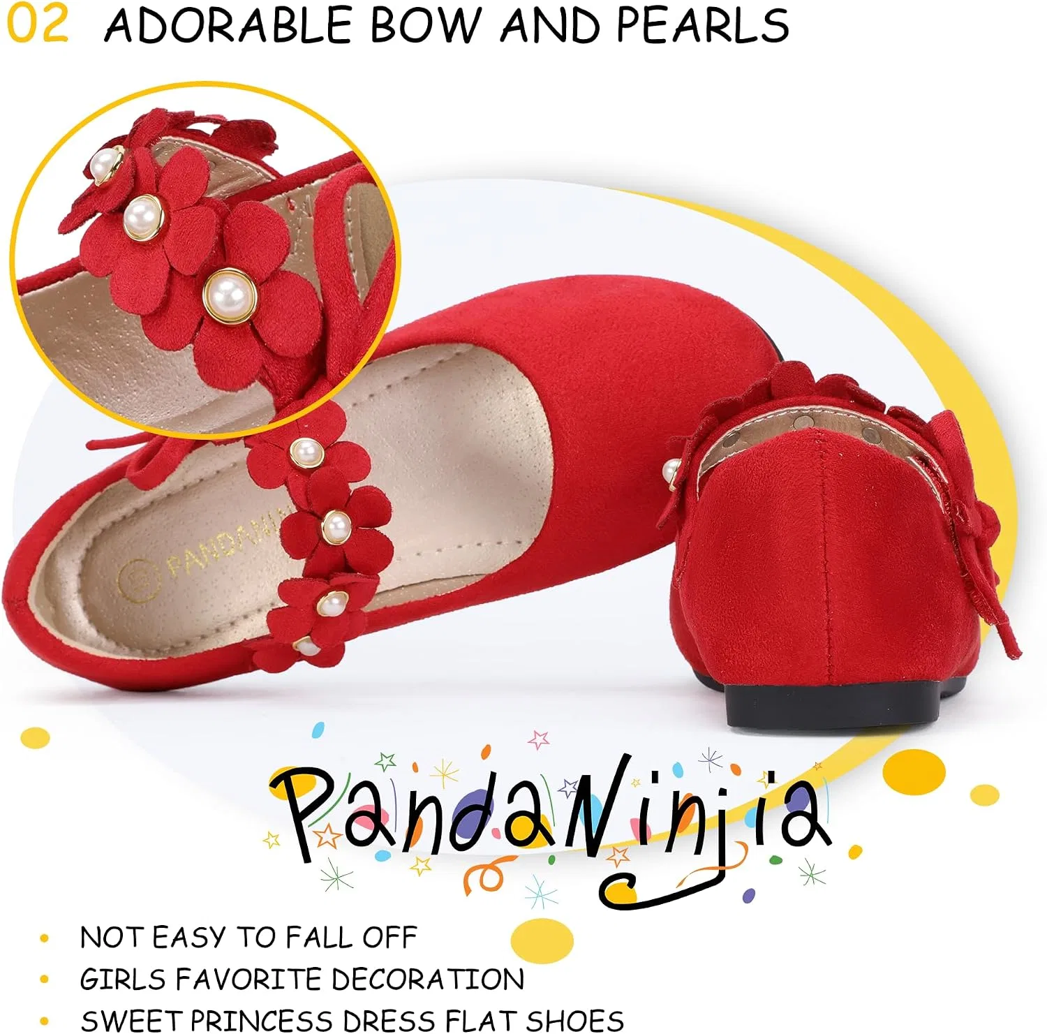 Детские туфли-балетки для девочек с жемчугом PANDANINJIA, Red Suede — фото 4