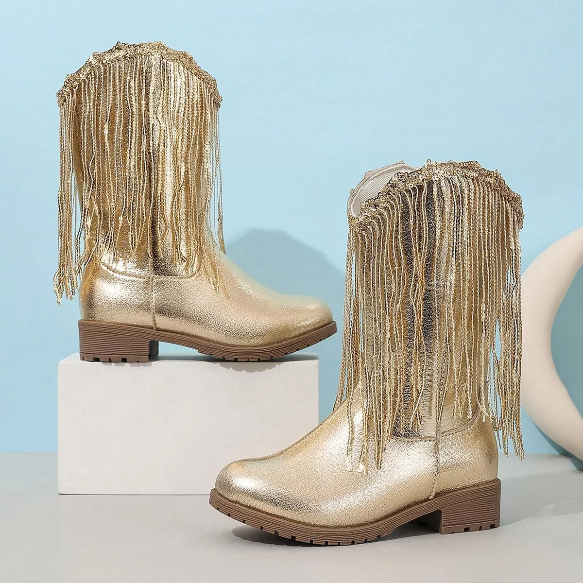 Детские зимние сапоги для девочек с кисточками и пайетками Princess Boots Auhoho, Gold — фото 2