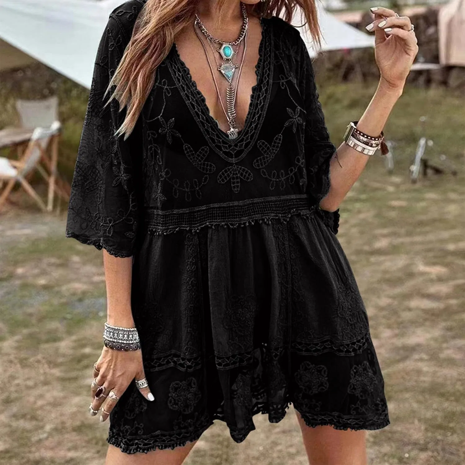 Женское кружевное платье-туника Plunge Boho Casual, Black — фото 2