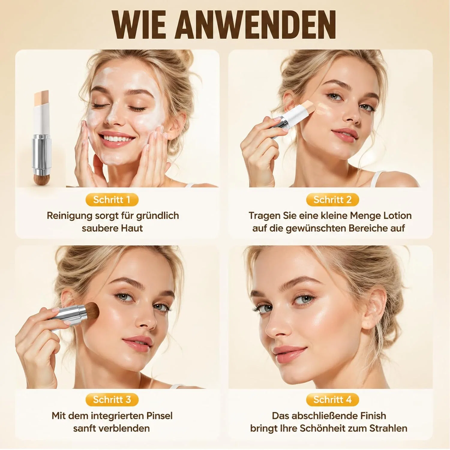 Foundation Stick с изменяющимся цветом YQOPDEBD, набор с кистью, 50 г, Naturfarbe — фото 3