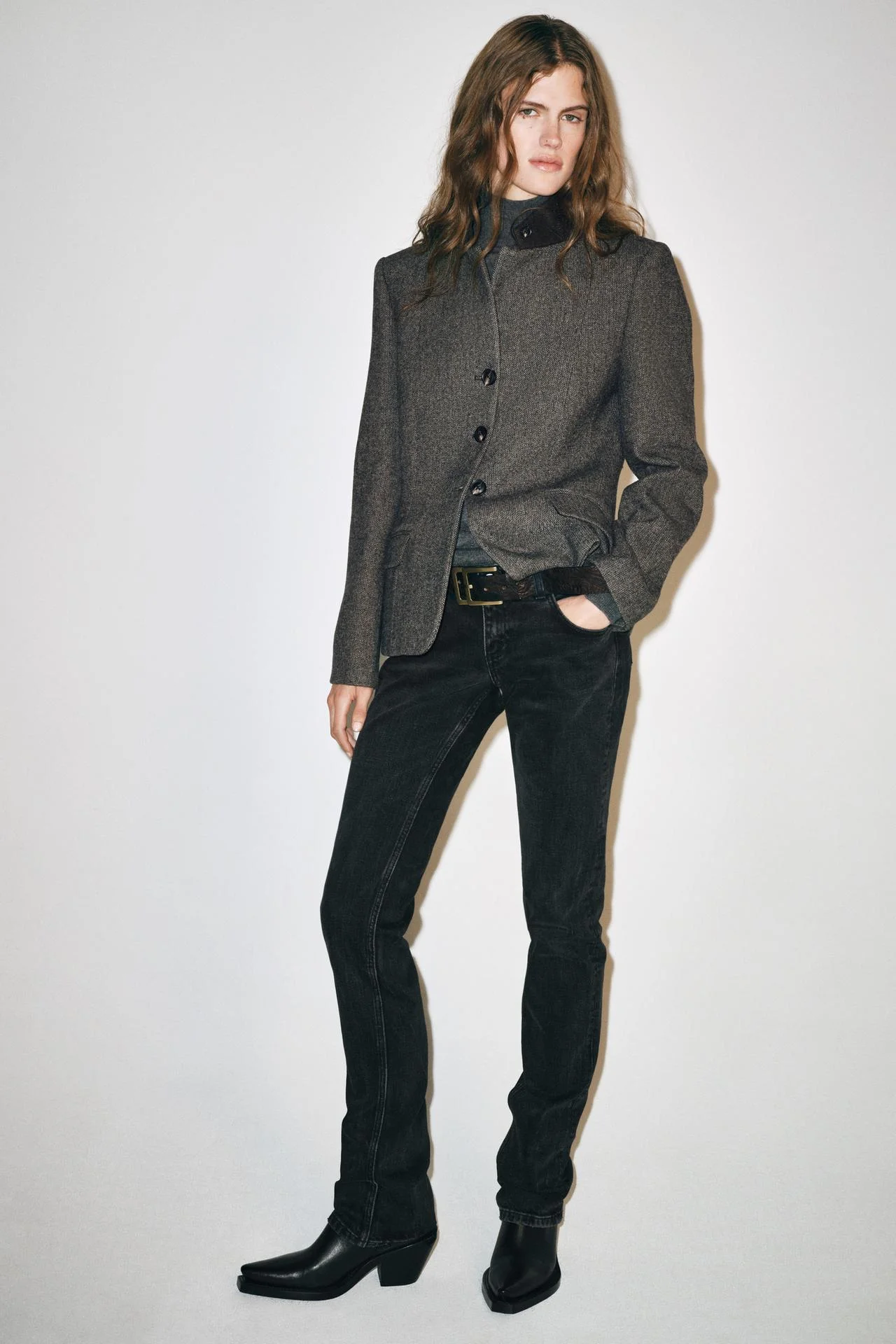 Блейзер Zara Entallada Con Lana ZW Collection, серый/коричнево‑бежевый — фото 3