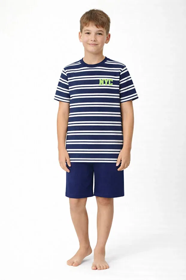 Детский комплект пижамы для мальчиков с полосками Boy'S Striped Waiter Boy Organic Cotton Shorts Pajama Set Cirilo, Navy Blue