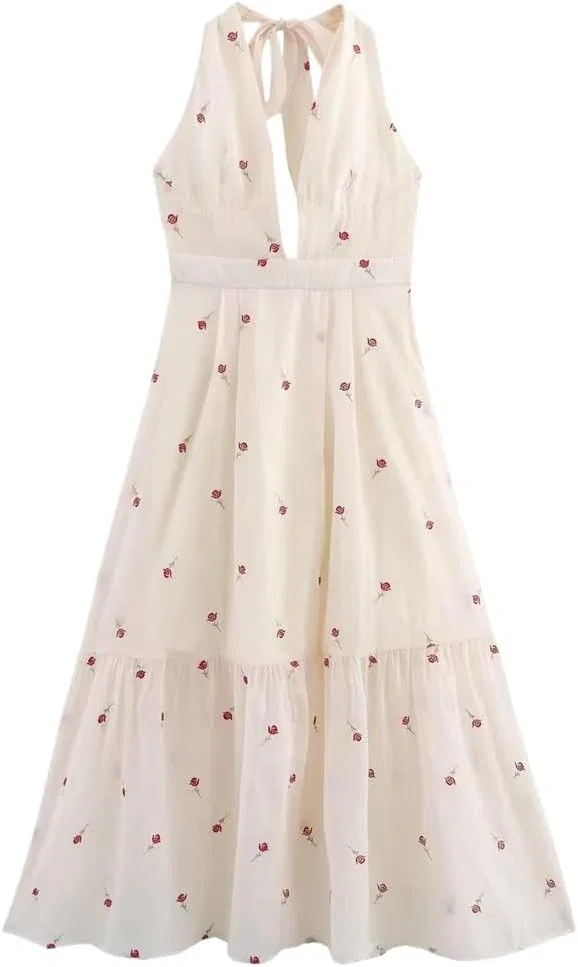 Женское платье миди с цветочной вышивкой Halter, Beige