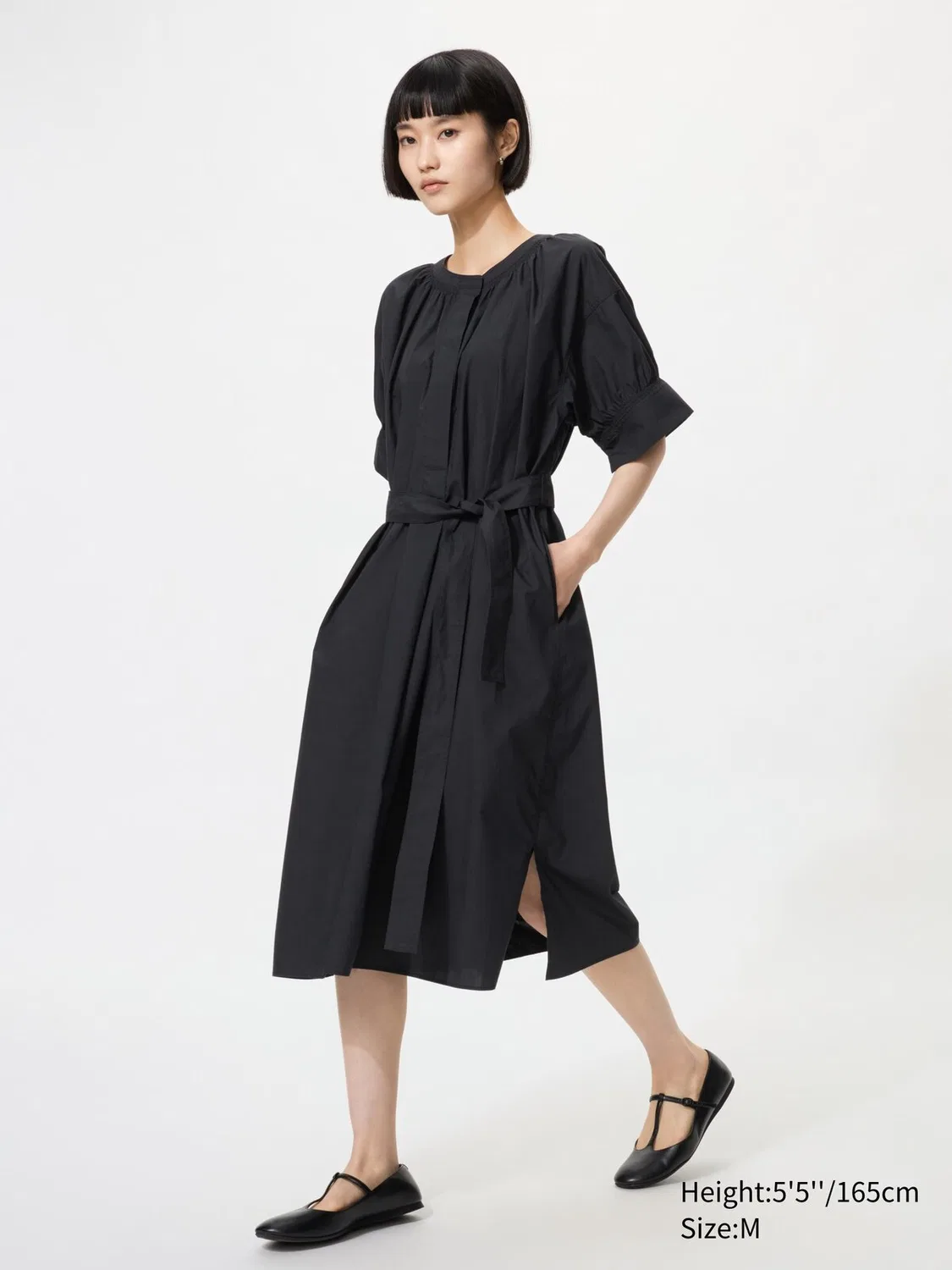 Платье Uniqlo, смесовая хлопковая ткань, объемные рукава, черное