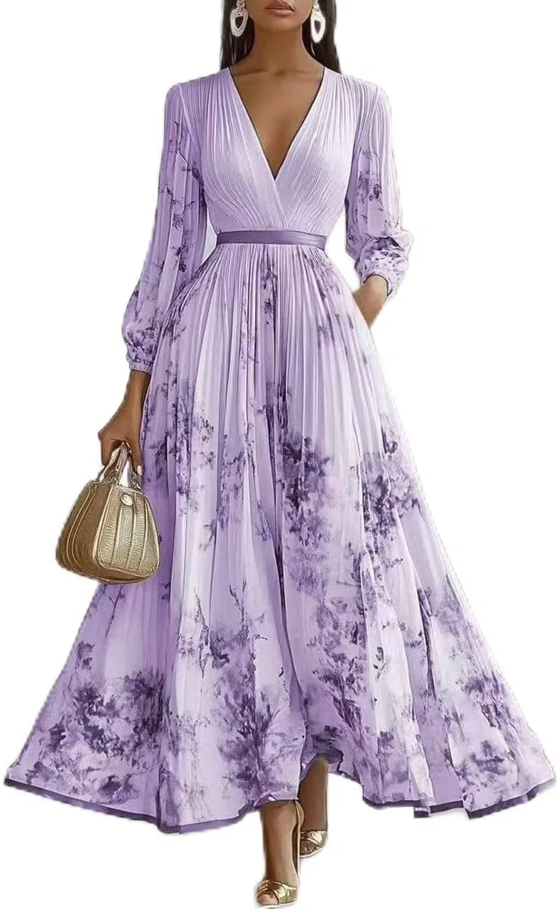 Женское платье-туника с длинным рукавом, с принтом, W-572 Purple