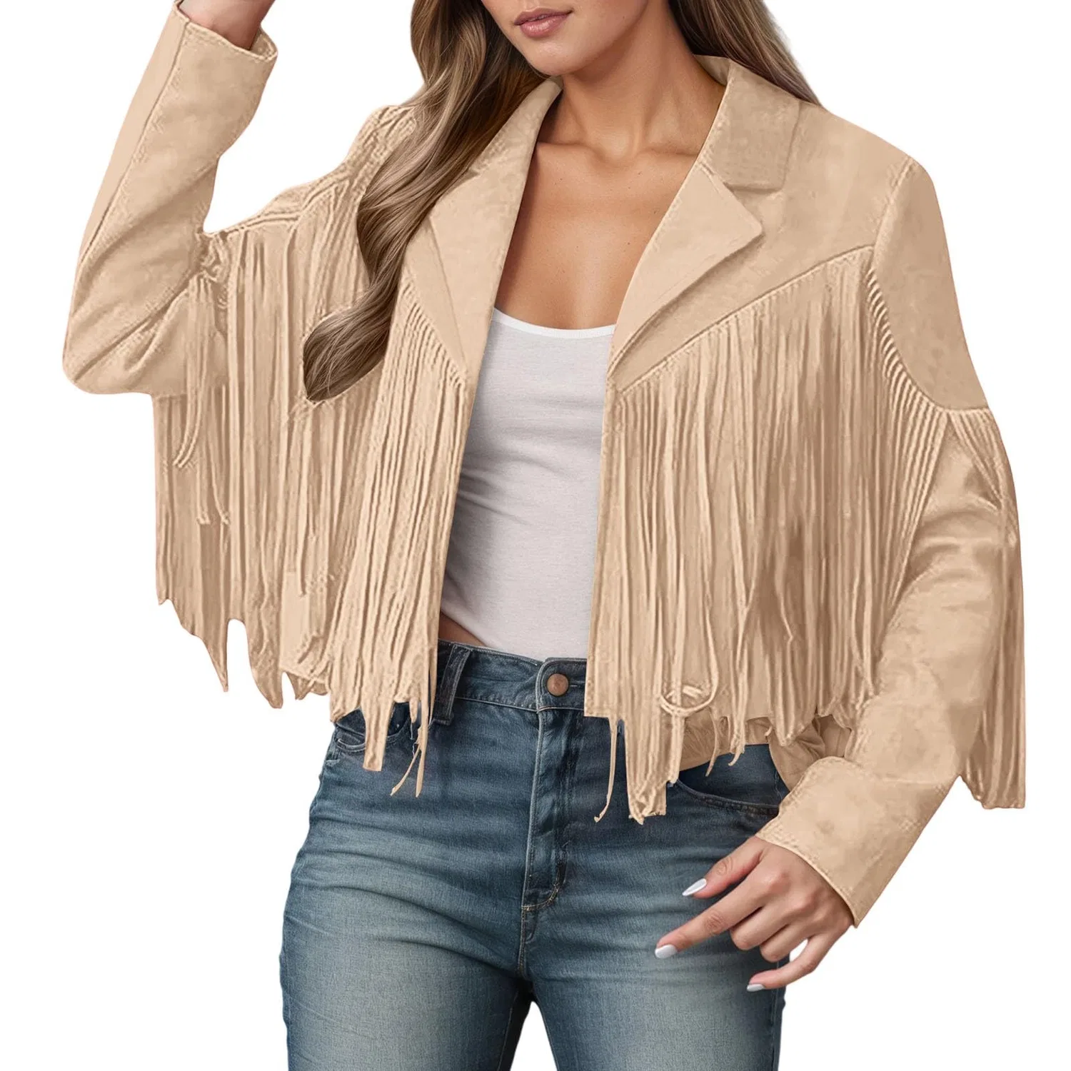 Женское пальто с бахромой из замши, Beige