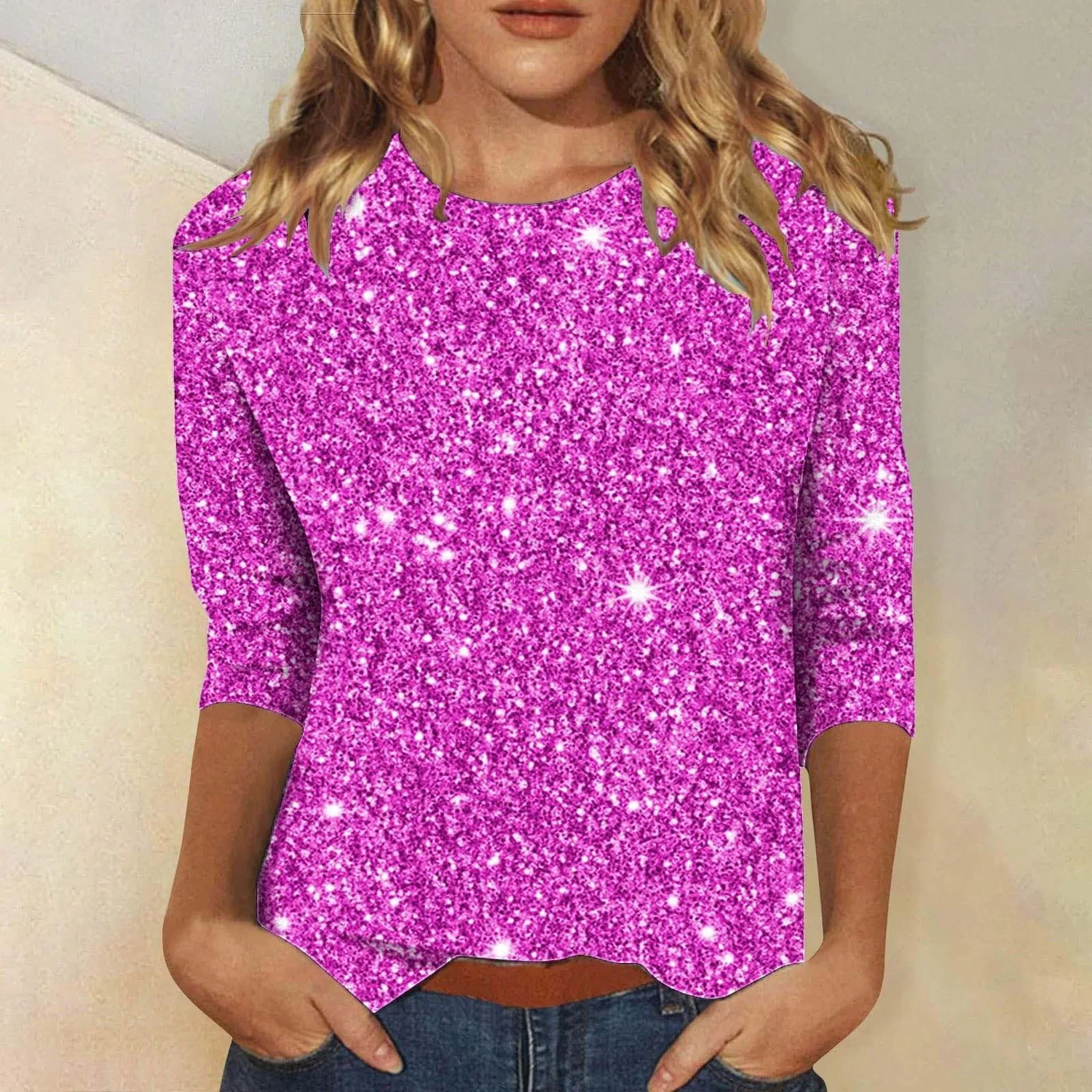 Женская футболка с блестками V-образным вырезом Retro Top, Lilla — фото 2