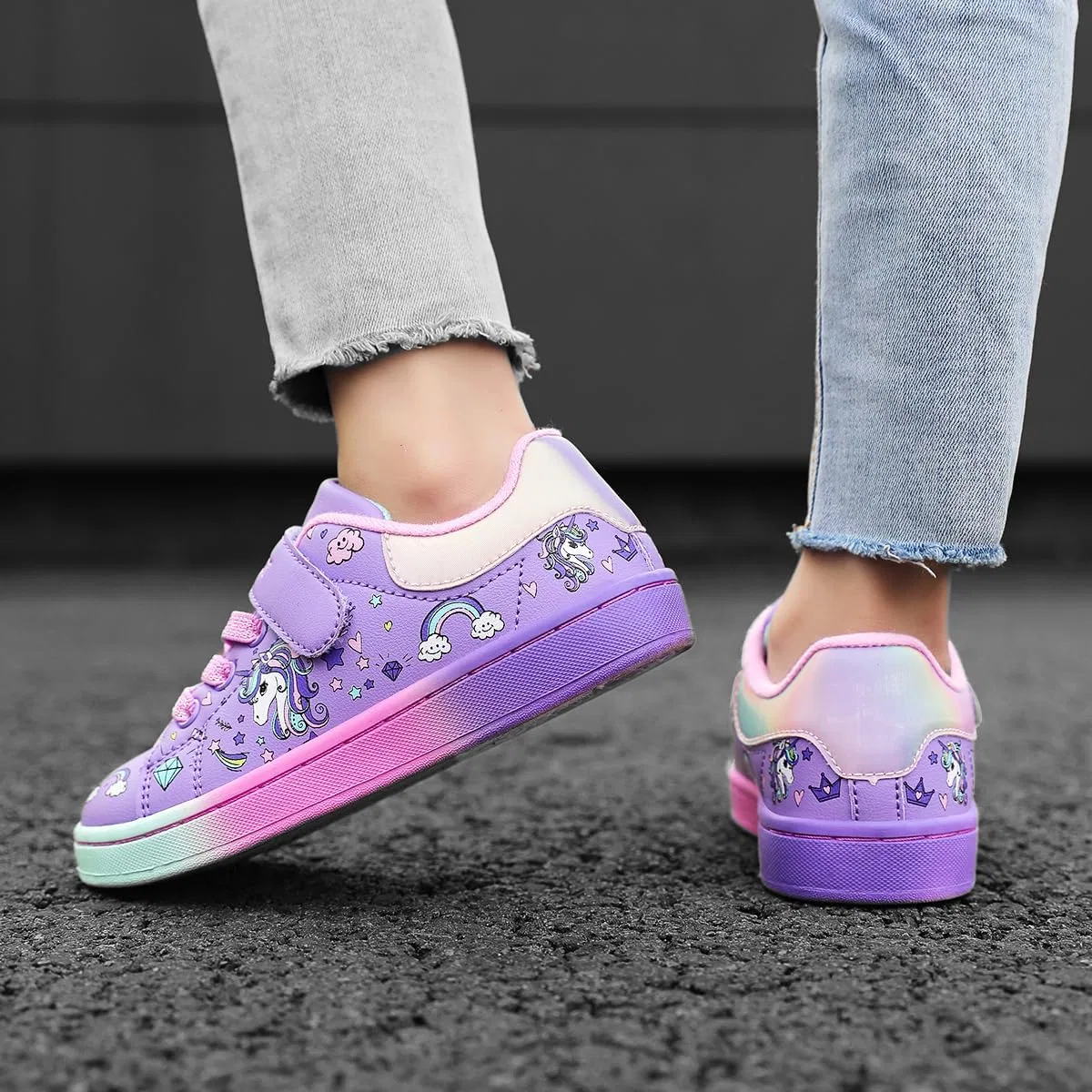 Детские кроссовки для девочек с принтом Unicorn GEERX, Purple Pink — фото 2