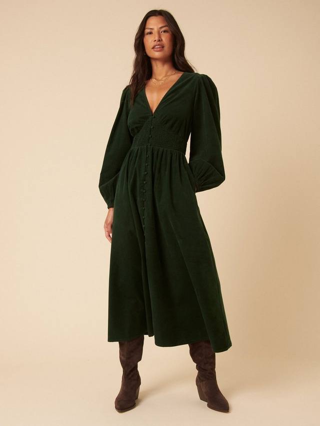 

Платье миди Riley из хлопкового вельвета с V-образным вырезом и присборенной талией Nobody's Child, Green