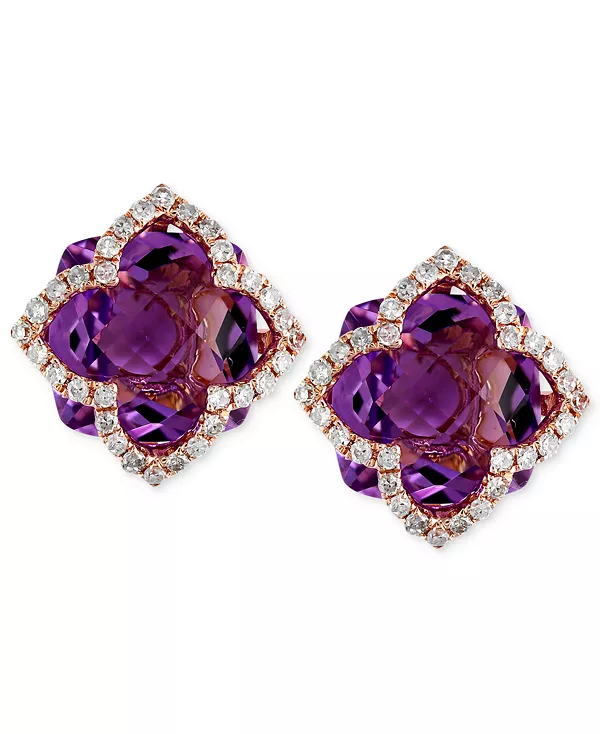

Серьги-Гвоздики Effy с аметистами (6-1/4 карата) и бриллиантами (1/3 карата) в форме клевера из 14-каратного розового золота Effy Collection, amethyst