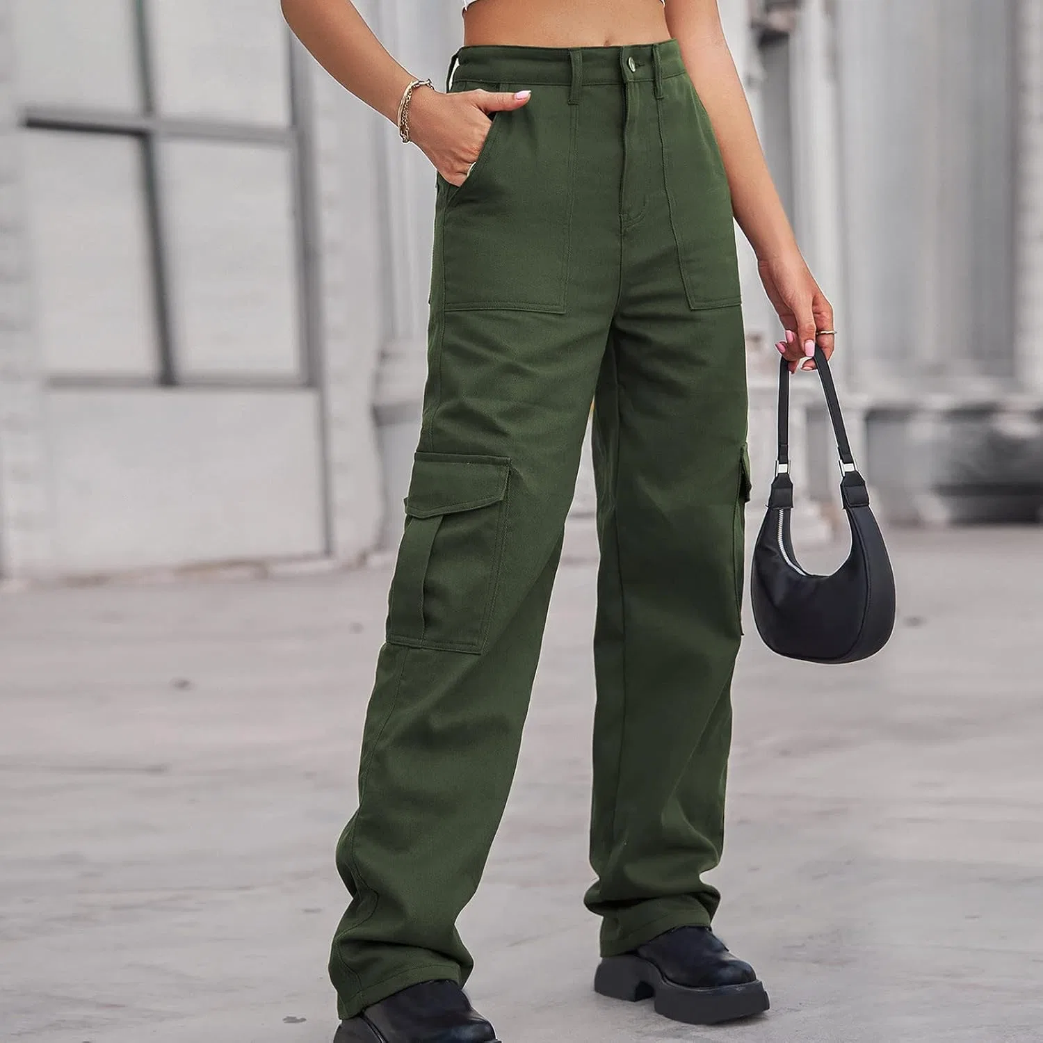 Джинсы карго, высокая талия, Army Green — фото 3