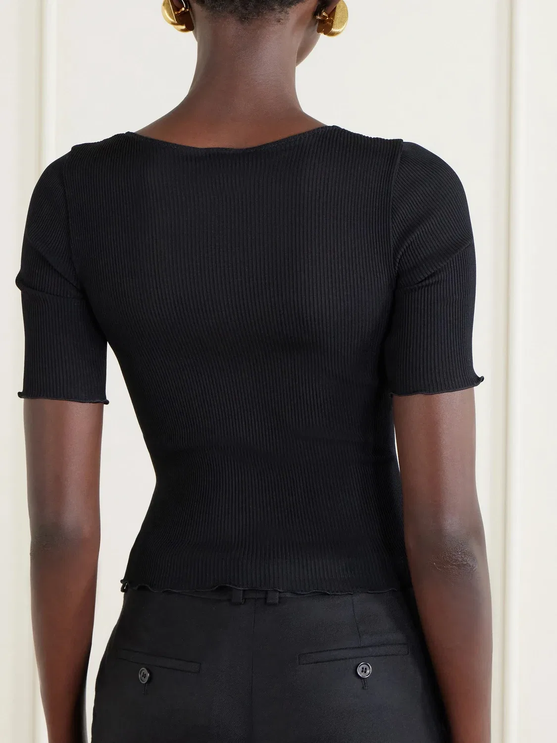 Футболка из ребристого шелка с отделкой из гипюрового кружева SAINT LAURENT, черный — фото 3
