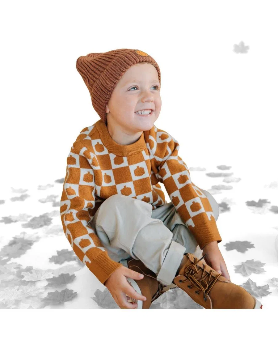 Детский свитер с принтом Pumpkin Checkers Sweet Wink, Burnt Orange — фото 3