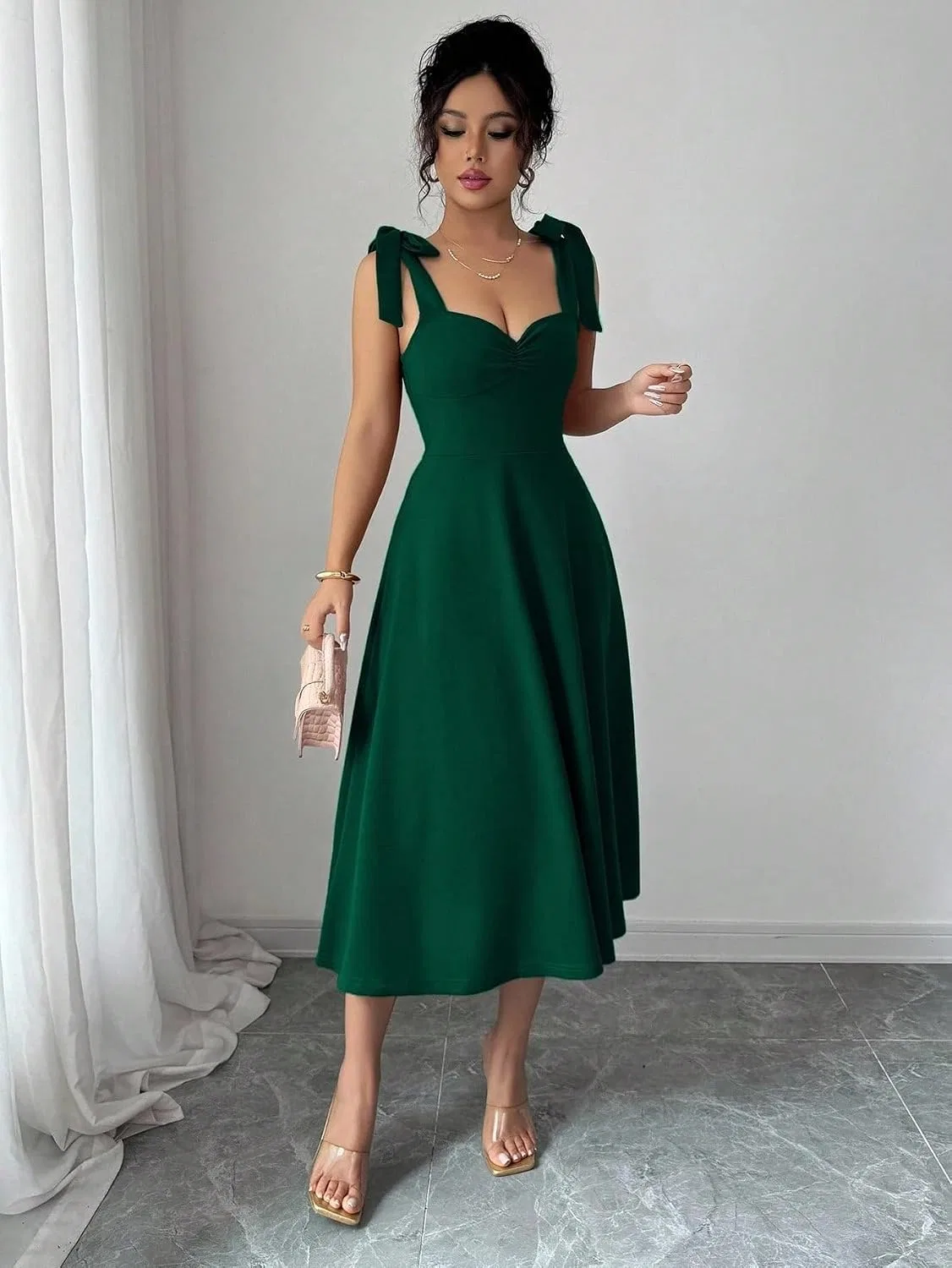 Женское повседневное платье миди с асимметричным вырезом Dark Green — фото 3