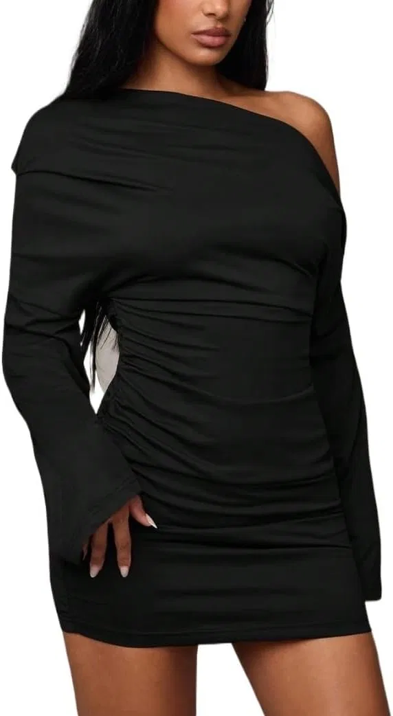 Женское мини-платье с асимметричным вырезом, Bodycon, Black