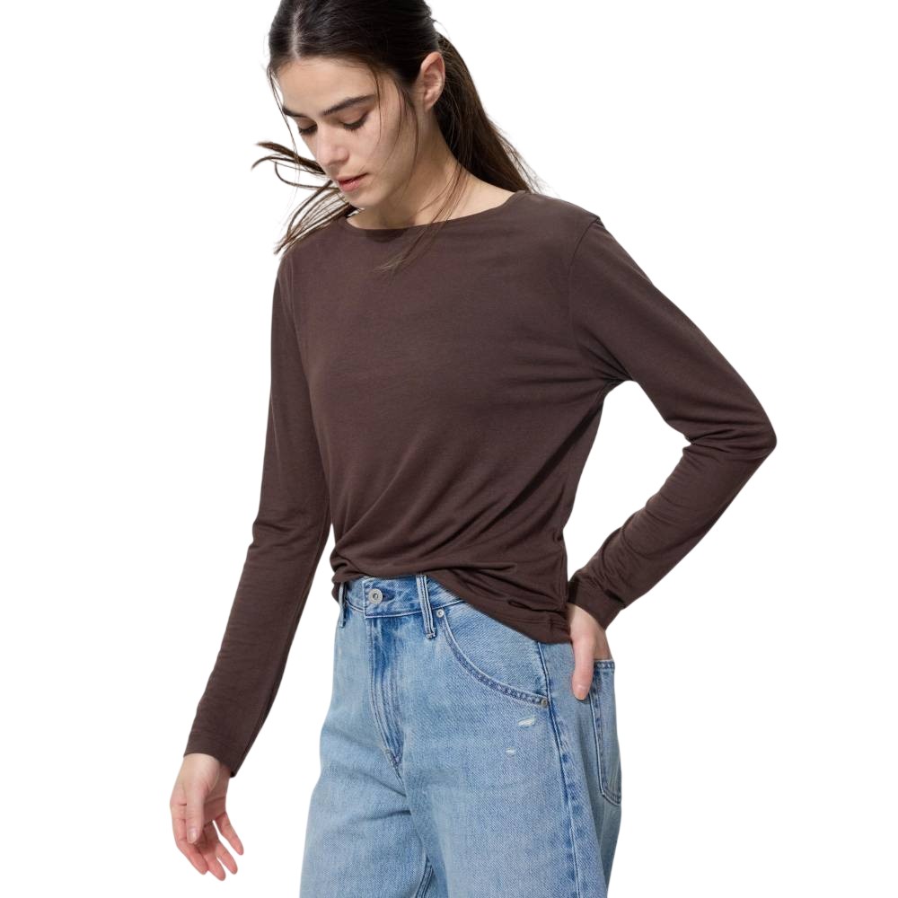 Лонгслив Uniqlo Sheer T-Shirt, 37 коричневый — фото 2