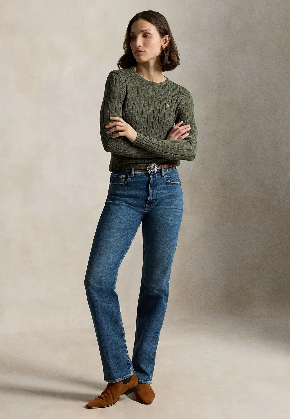 Хлопковый свитер крупной вязки с круглым вырезом - джемпер Polo Ralph Lauren, Dense Olive — фото 2
