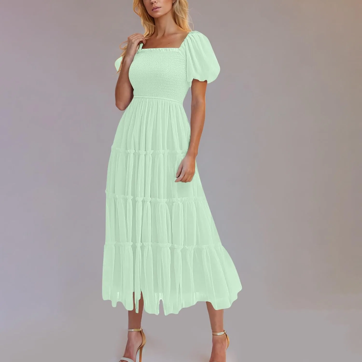 Женское летнее макси-платье с V-образным вырезом и эластичной талией, Mint Green — фото 2