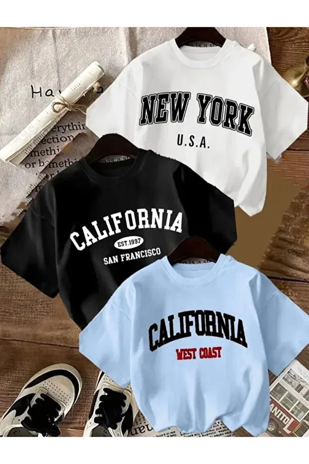 Детские футболки оверсайз с принтом, 3 шт, Elan Wear, Blue+Black+White
