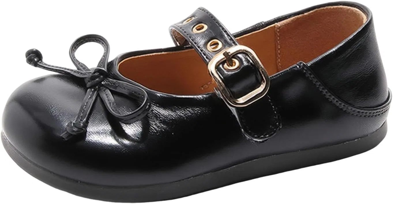 Детские туфли для девочек с бантом из кожи, Black