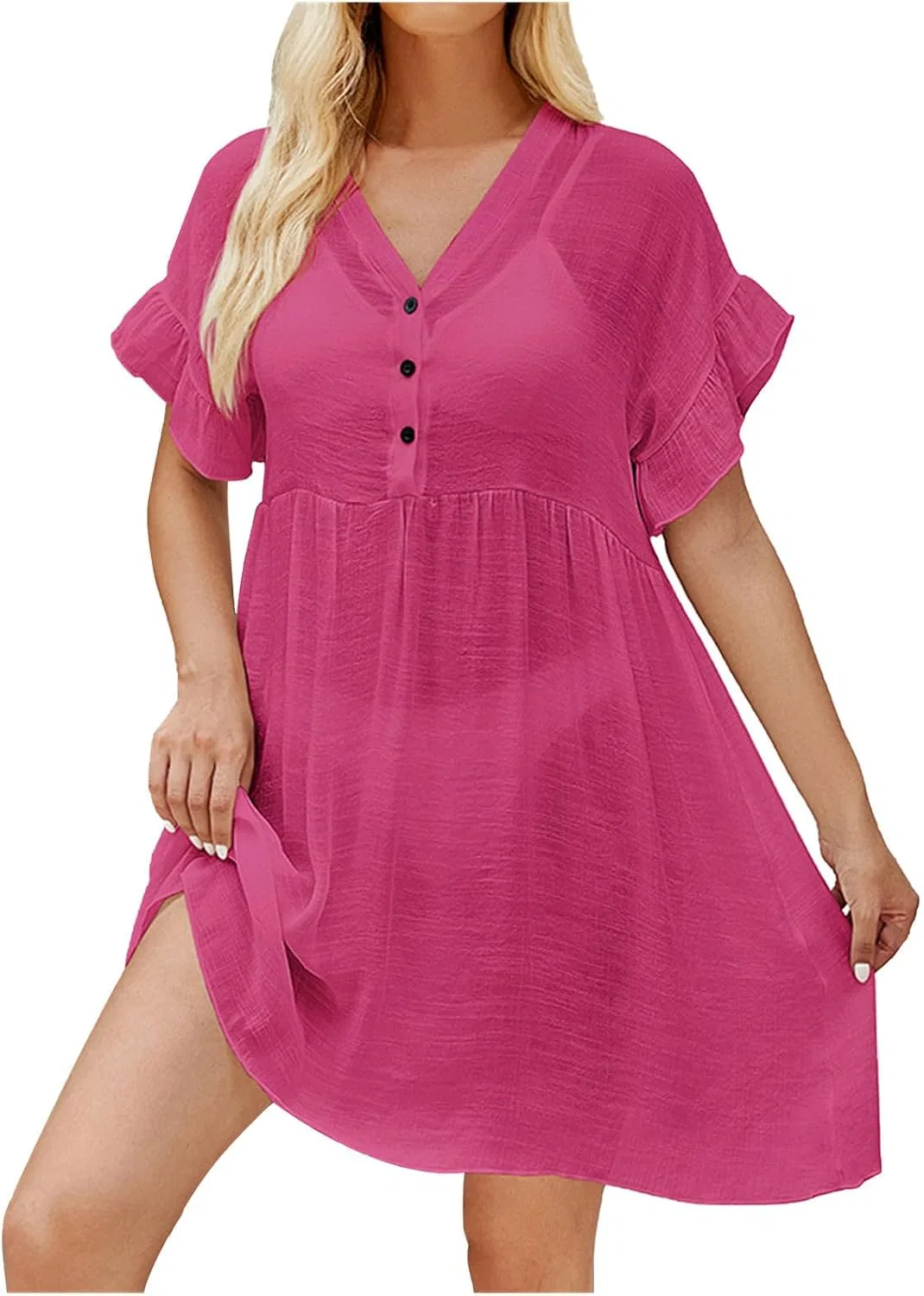 Женская пляжная накидка с коротким рукавом V-образным вырезом, Hot Pink