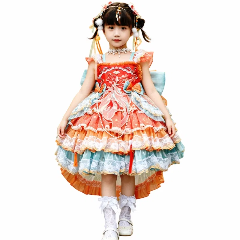 Детское платье для девочек с поездом и нижней юбкой Orange Dress+Train+Petticoat YALU