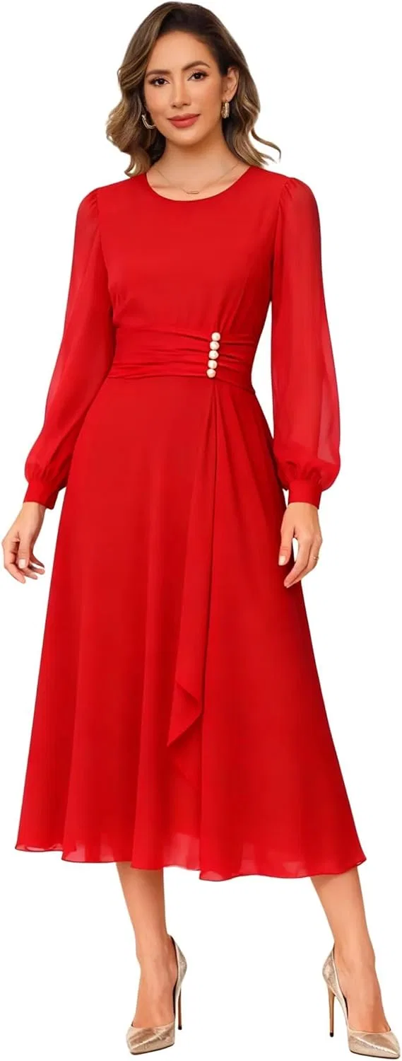Женское вечернее платье с длинным рукавом и пайетками, Red