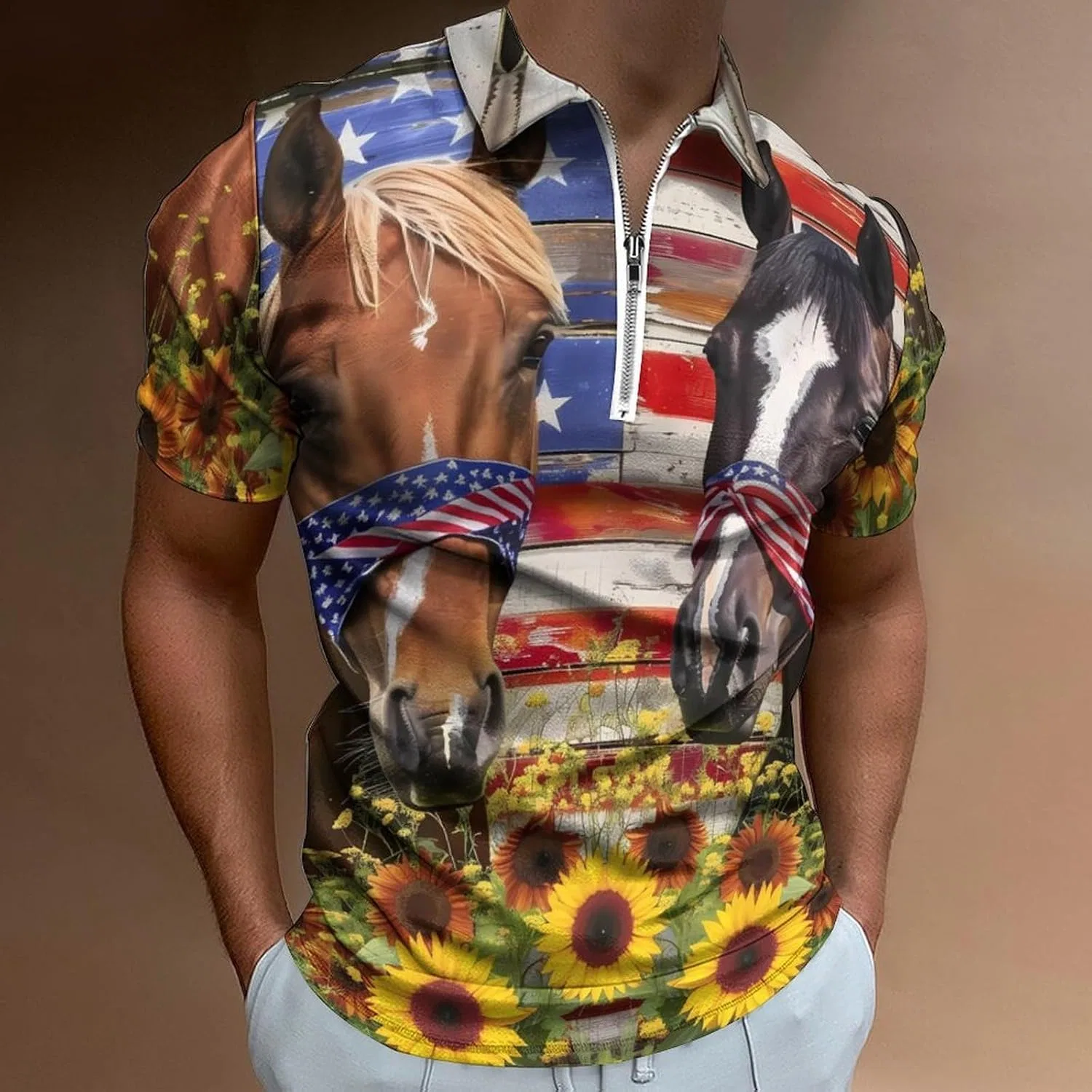 Мужская футболка с принтом Horse Sunflower U.S. Flag Forsjhsa, Style — фото 2