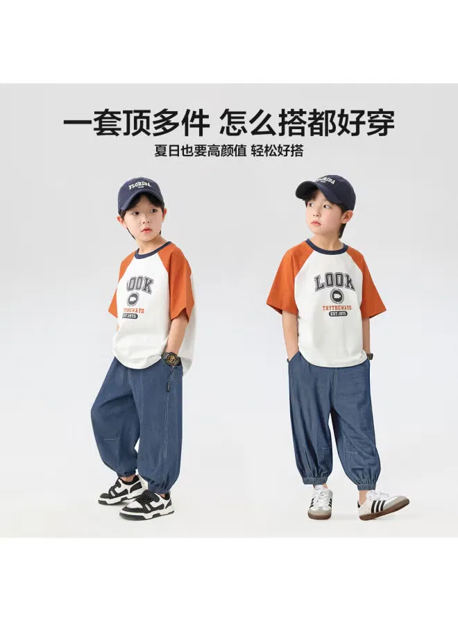 Комплект летний с коротким рукавом и брюками от комаров, модель Boys' Summer Outfit, Zuoxi, оранжевый — фото 3